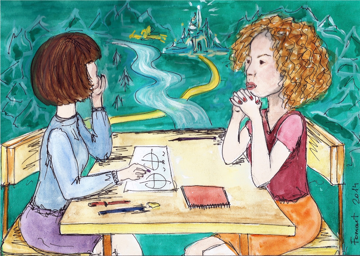 Две женщины за столом. На столе бумаги и карандаши.